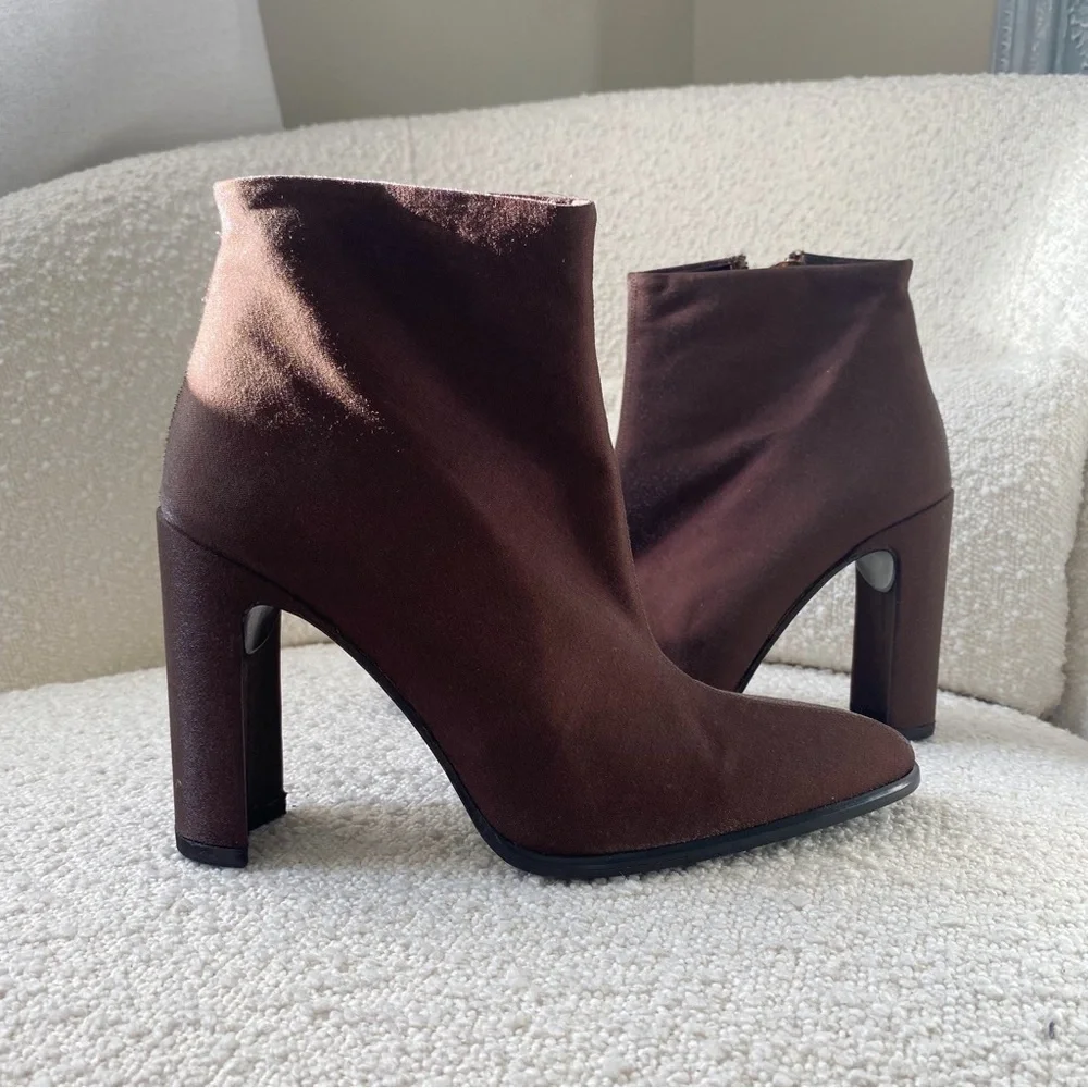Vintage 90s Via Spiga Brown Metallic Almond Toe Ankle Block Heel Boots 36‎ 6